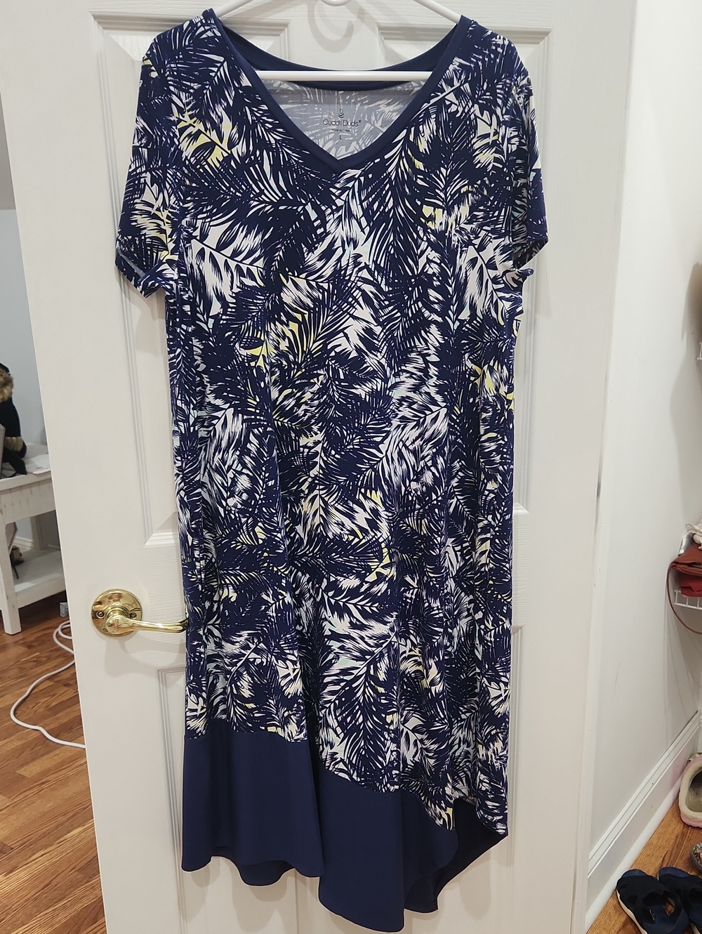 CUDDL DUDS ASYMMETRIC DRESS SZ L NAVY BLUE PALM LEAF PATTERN SHORT SLEEVE MIDI